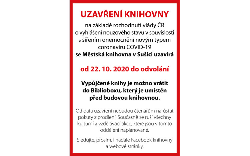 Uzavření knihovny od 22. 10. do odvolání