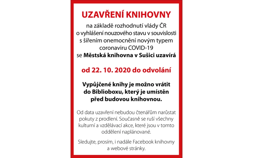 Uzavření knihovny od 22. 10. do odvolání