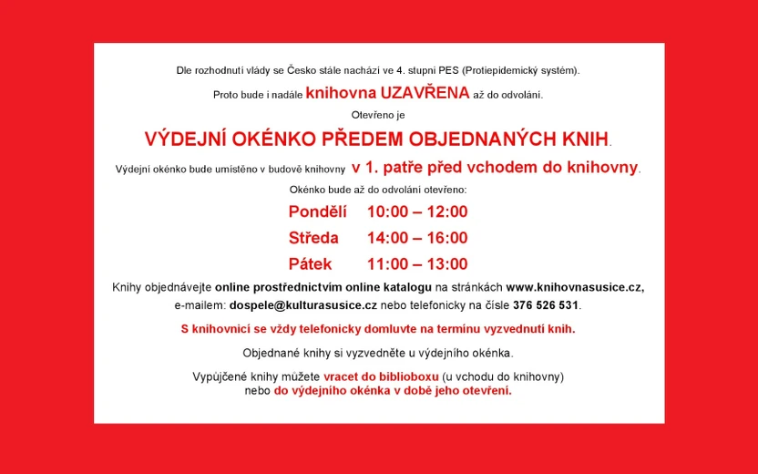 OD 15.2.2021 OTEVŘENO VÝDEJNÍ OKÉNKO
