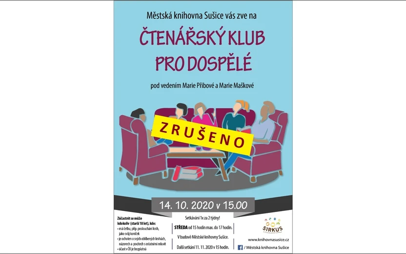 ! ZRUŠENO ! 14. 10. 15:00 Čtenářský klub pro dospělé
